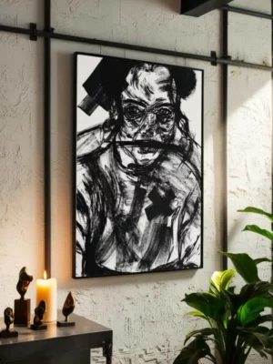 Big expressive black and white abstract drawing portrait of an intense violent woman face with ink strokes on paper