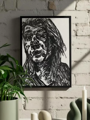 A2 expressive black and white drawing portrait of a sad woman face with ink strokes on paper