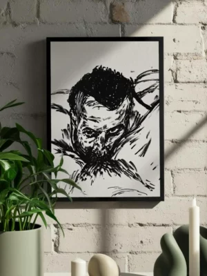 A2 expressive black and white drawing portrait of a sexual man face with ink strokes on paper