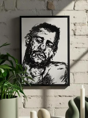 A2 expressive black and white drawing portrait of a sad man face with ink on paper