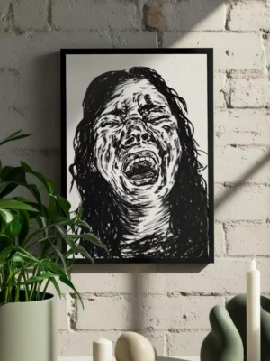 A2 expressive black and white drawing portrait of a screaming woman face with ink on paper