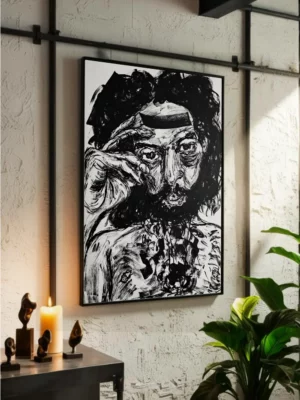 Big expressive black and white drawing portrait of an arab male model face with ink on paper