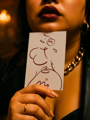 Close-up of a person with red lipstick holding the Kween limited edition fine-art print by SKI, burgundy line art on textured paper, A6.
