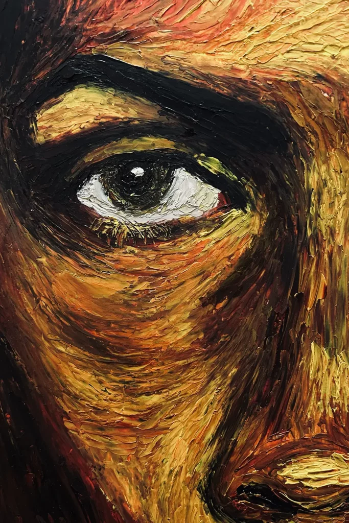 Textured impasto painting focusing on an eye and brow, with layered swirls of yellow, red, and black paint forming a dramatic close-up